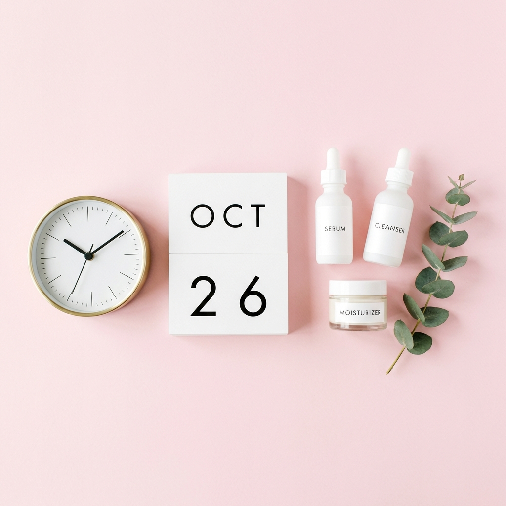 A clean aesthetic flat lay showing a minimalist calendar, a small elegant clock, and a professional skincare concept, soft pastel background, high contrast, 1:1