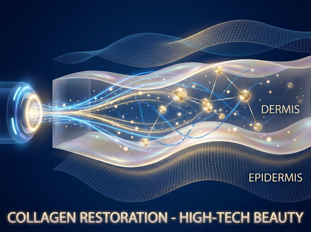 Abstract representation of skin layers with glowing collagen particles being restored, blue and gold light trails, high-tech beauty concept, artistic rendering, 4:3