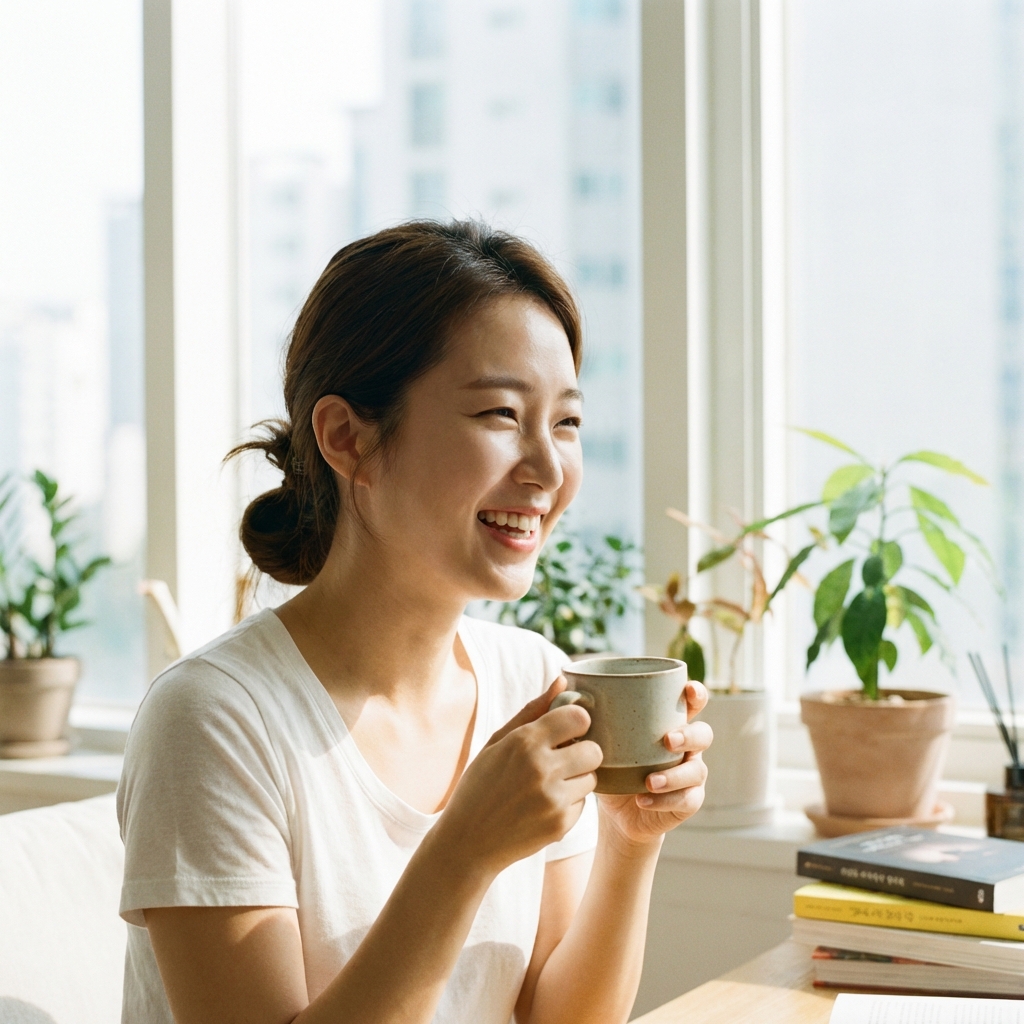 A radiant Korean woman with flawless, glowing skin smiling naturally, soft daylight through a window, healthy and youthful appearance, lifestyle photography, 1:1