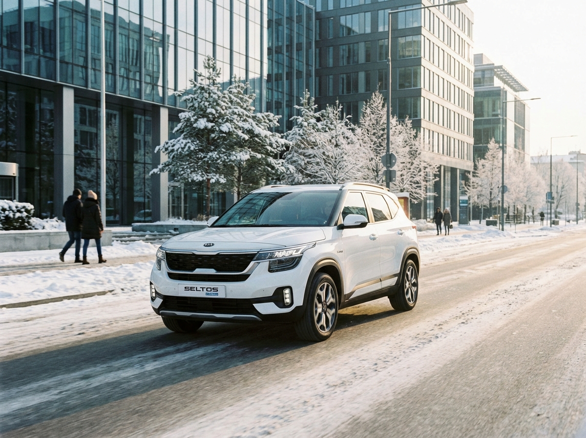 A modern white Kia Seltos Hybrid SUV driving on a clean city street during a bright winter morning. The car looks sleek and stylish with sharp LED headlights. High-quality lifestyle photography, natural lighting, urban background with modern buildings. 4:3
