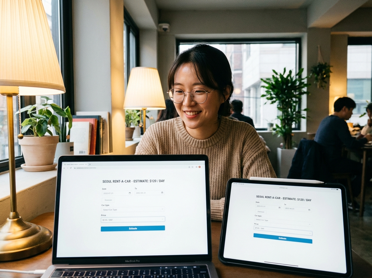 A Korean person looking at a laptop and a tablet in a cozy, modern cafe. The screen shows a car rental estimation page with simple UI. Soft warm lighting, professional but comfortable atmosphere, lifestyle photography. 4:3