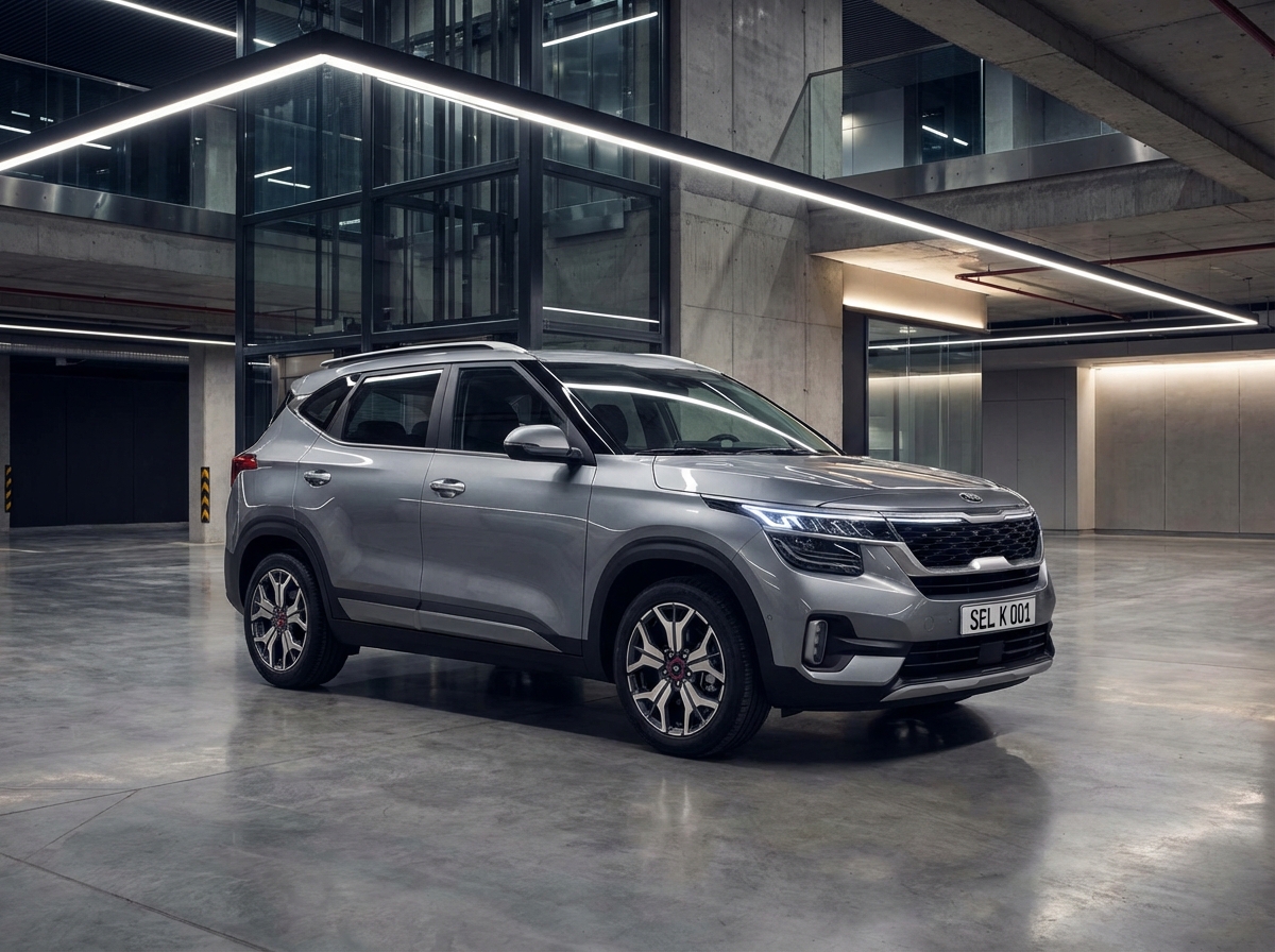 A clean and shiny grey Kia Seltos parked in a modern, well-lit underground parking lot. The car's metallic paint reflects the overhead LED lights. High-end automotive photography, realistic textures, cinematic lighting. 4:3