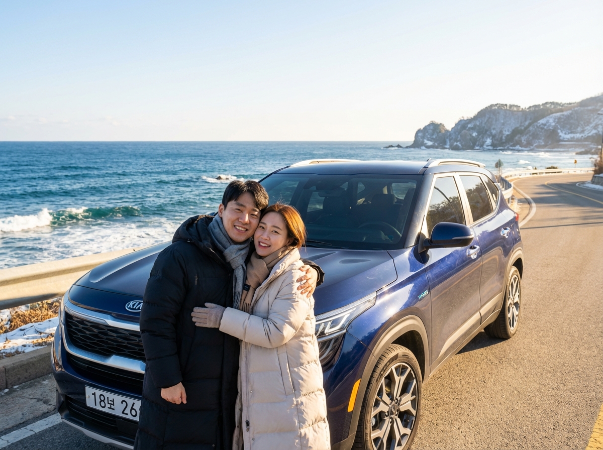 A happy Korean couple standing next to their Kia Seltos Hybrid at a scenic coastal road in winter. The ocean is blue and the sky is clear. They are wearing stylish winter coats. Natural sunlight, joyful atmosphere, high-quality outdoor photography. 4:3