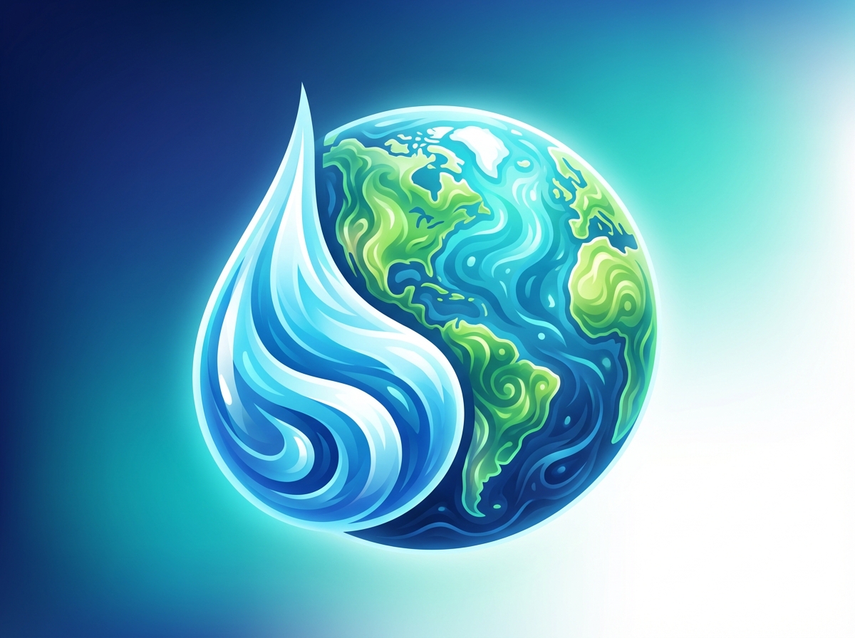 A clean water drop merging with a green earth globe, environmental protection concept, high contrast modern infographic style, soft gradient background, no text. 4:3