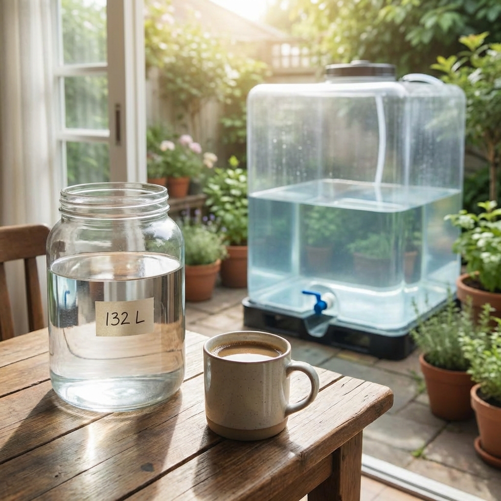 A cup of coffee on a table and a large transparent water tank behind it representing 132 liters of water, conceptual lifestyle photography, bright balanced lighting, natural setting, no text. 1:1