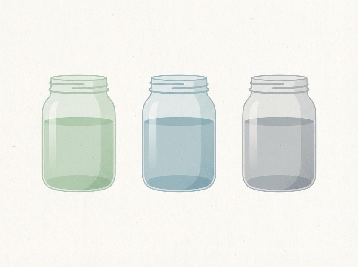 Three glass jars containing water with green, blue, and grey tint overlays, clean minimalist illustration style, textured background, professional layout, no text. 4:3