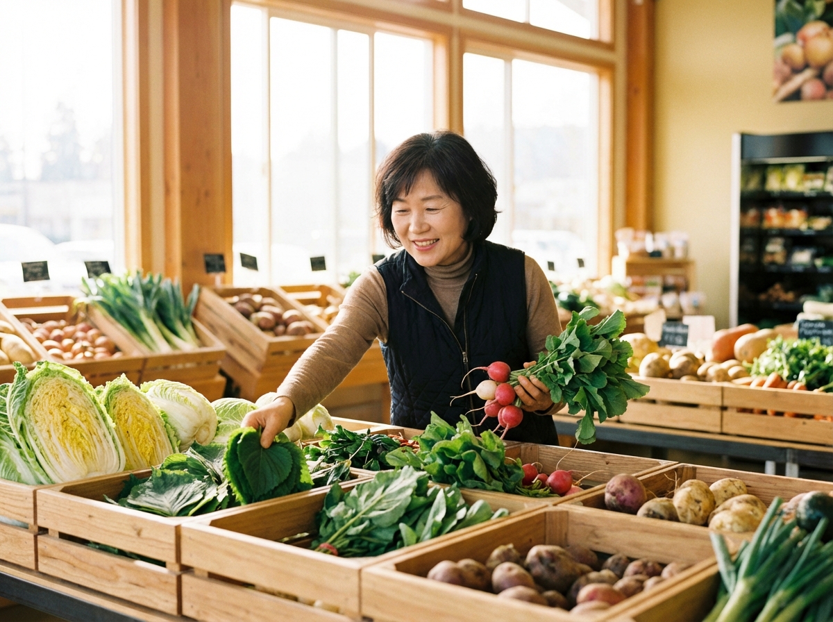 A person carefully choosing fresh local vegetables in a bright grocery store, focus on natural produce, warm lifestyle photography, Korean appearance person, no text. 4:3