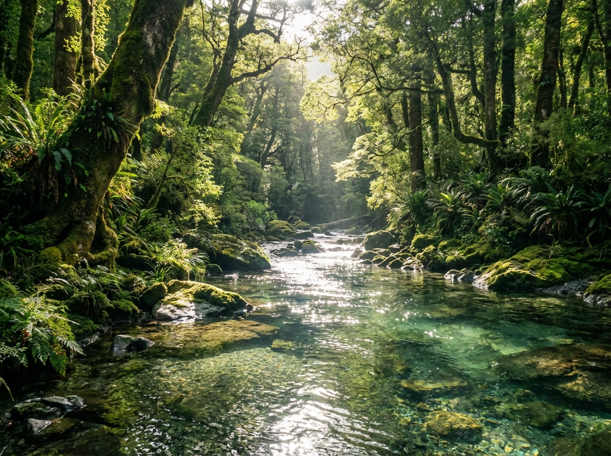 A crystal clear river flowing through a vibrant green forest, sunlight reflecting on water surface, serene and artistic nature photography, high resolution, no text. 4:3