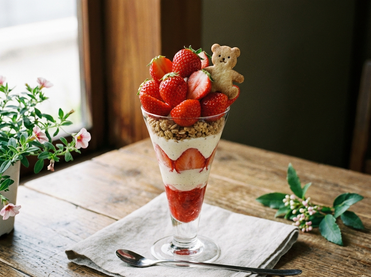 A delicious looking strawberry parfait topped with fresh strawberries and a cute teddy bear decoration, lifestyle photography, natural light, 4:3