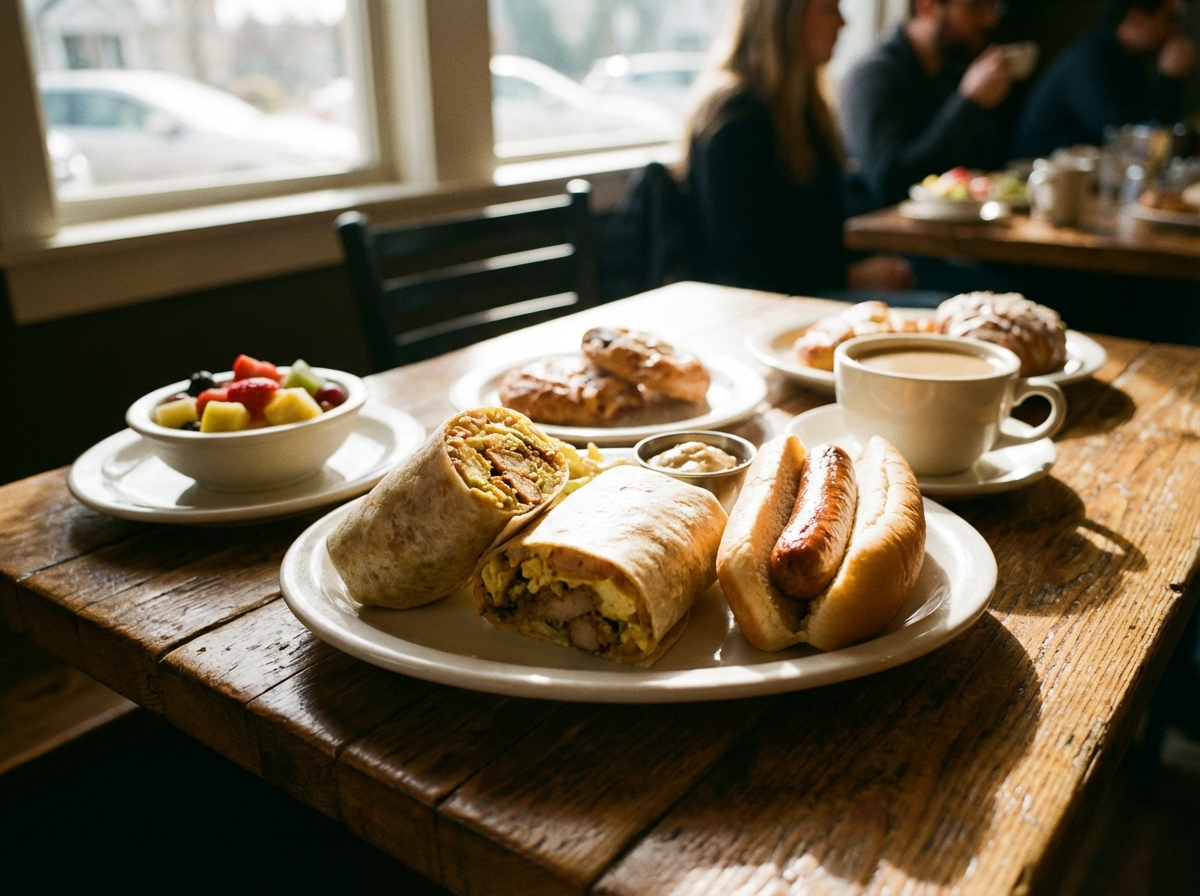 A spread of cafe snacks including a breakfast burrito and a sausage hotdog on a plate, warm atmosphere, focused shot, 4:3