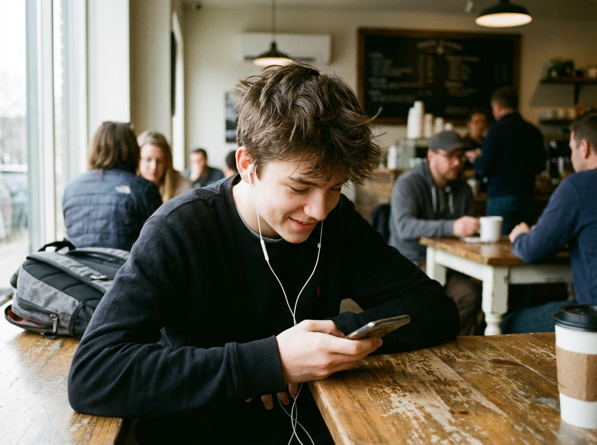 A young teenager wearing earphones and looking at a smartphone screen in a cafe setting, natural candid shot, 4:3