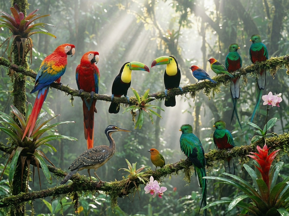 A group of vibrantly colored tropical birds perched on lush green tree branches in a misty rainforest setting, soft natural sunlight filtering through leaves, 4:3