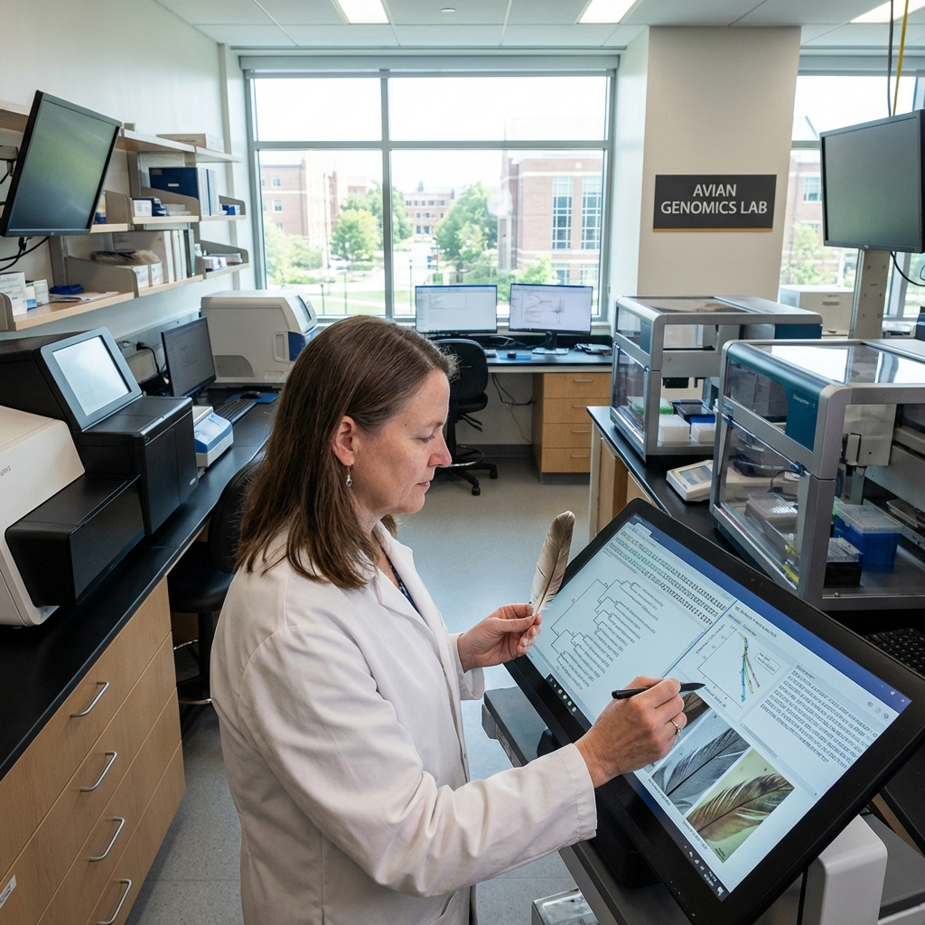 A scientist in a modern laboratory analyzing bird feathers and DNA sequences on a digital screen, high-tech research equipment, focused atmosphere, 1:1