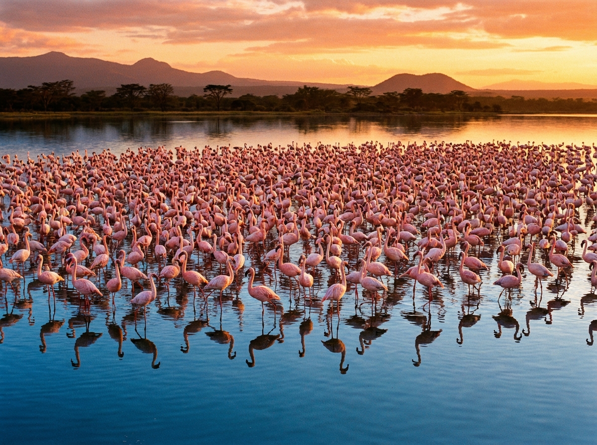 A large flock of pink flamingos standing in a calm blue lake at sunset, warm golden lighting, reflection on the water surface, 4:3