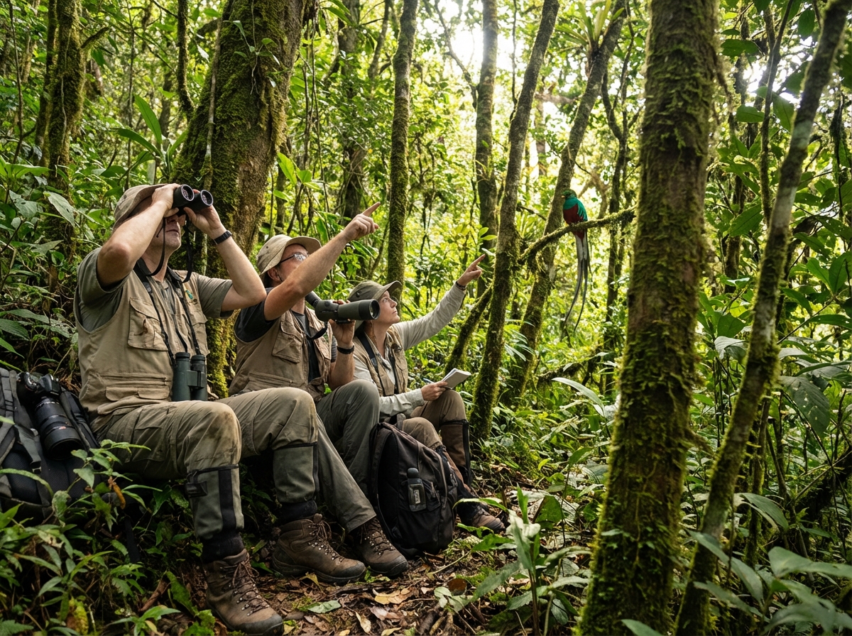 Explorers with binoculars observing rare birds in a dense tropical jungle, realistic outdoor gear, dappled sunlight, cinematic composition, 4:3