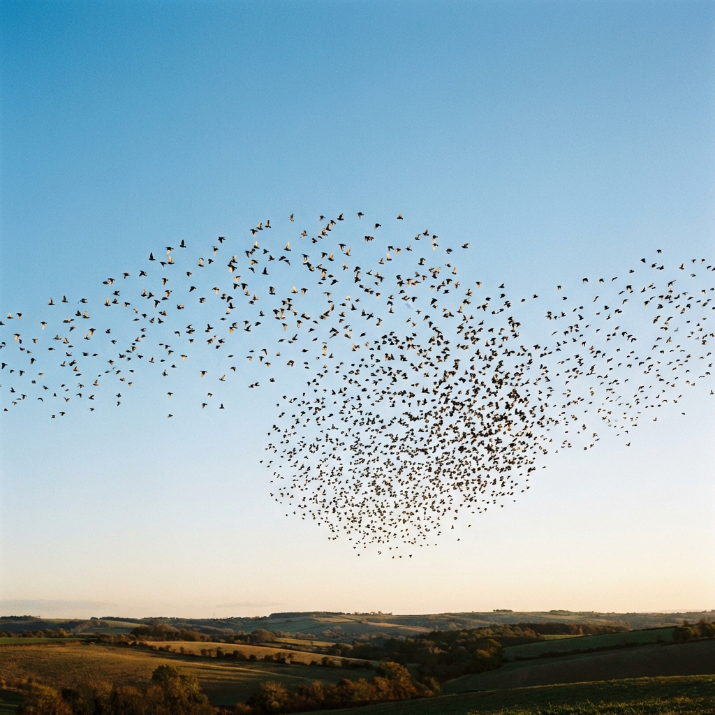 A wide shot of a large flock of birds flying in formation against a clear blue sky, peaceful and inspiring atmosphere, 1:1