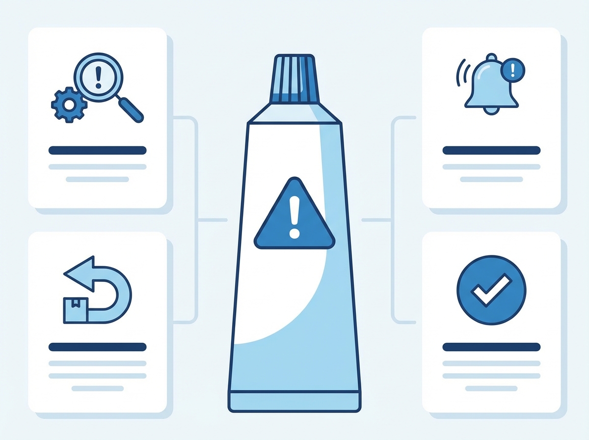 A clean and modern infographic about product recall, showing a toothpaste tube with a warning icon, blue and white color scheme, professional layout, no text, 4:3