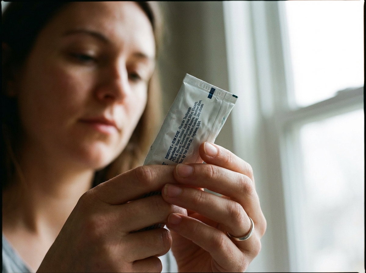 Close-up of a person holding a toothpaste tube and looking at the back label, focusing on the text area, natural indoor lighting, 4:3
