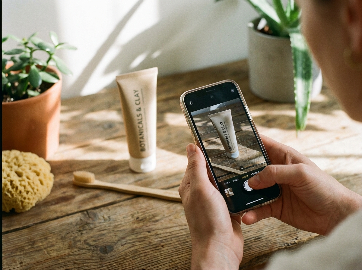 A person taking a photo of a toothpaste tube with a smartphone, clear focus on the product, lifestyle photography, 4:3