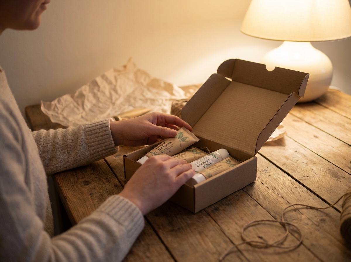 Hands placing toothpaste tubes into a small cardboard box for shipping, wooden table background, warm atmosphere, 4:3