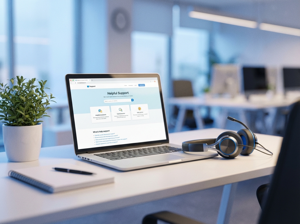 A clean office desk with a headset and a laptop, soft focus, professional and helpful atmosphere, blue tones, 4:3