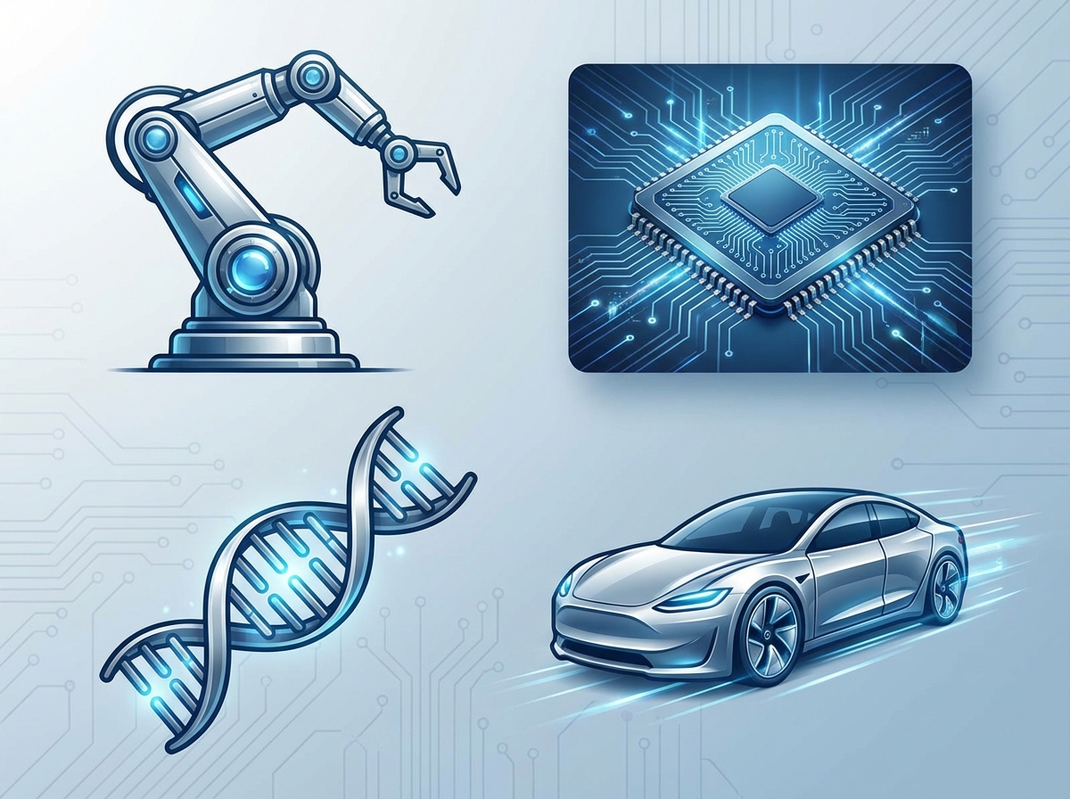 A clean infographic style image showing icons of a robot arm, a microchip, a DNA strand, and an electric car. Blue and silver color palette with a futuristic feel. No text or labels. Modern layout with high contrast. 4:3