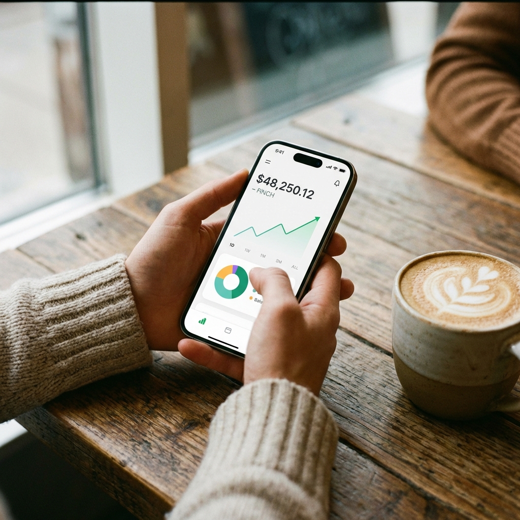 Close up of a person's hands holding a modern smartphone in a cozy cafe setting. The screen shows a clean financial app interface with charts. Natural warm lighting and lifestyle photography style. 1:1