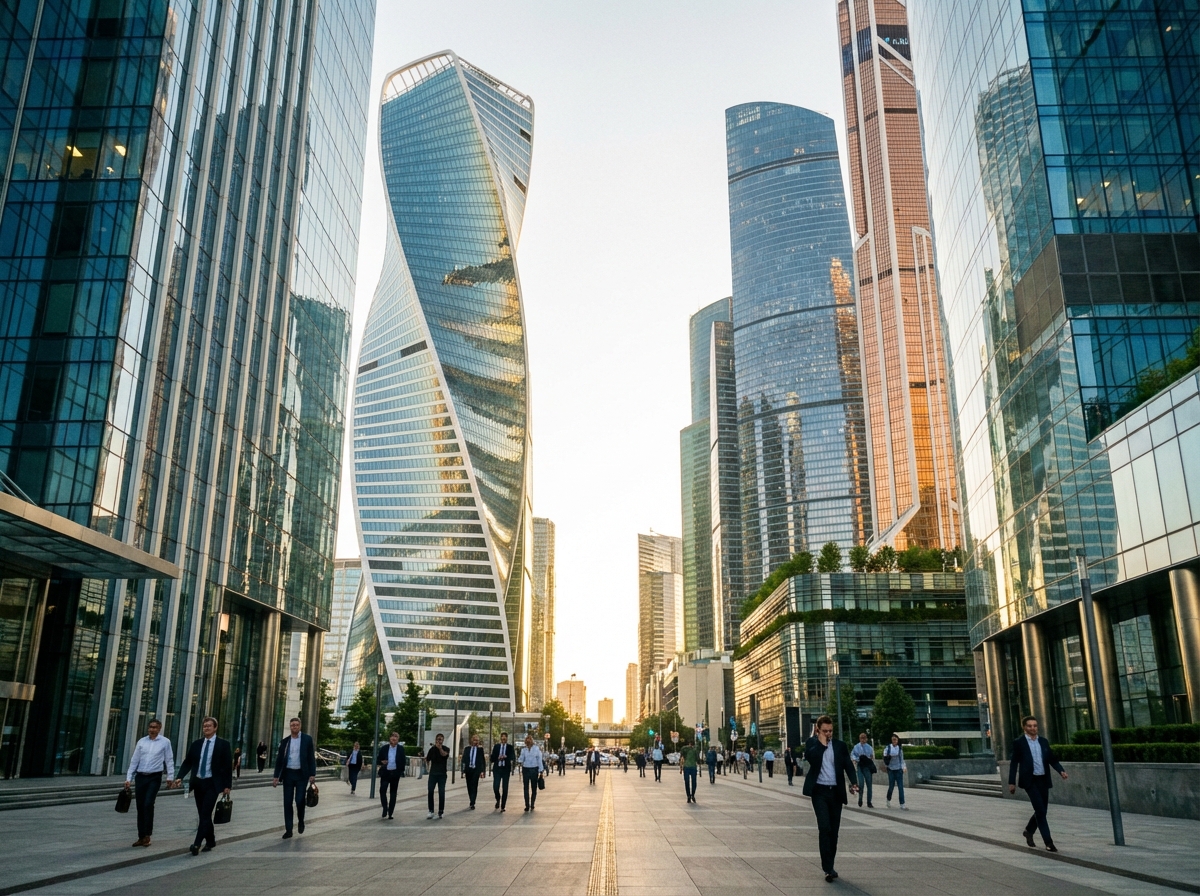 A wide angle shot of a modern city business district with glass buildings reflecting the sunlight. People in business attire walking briskly. High quality architectural photography style. 4:3