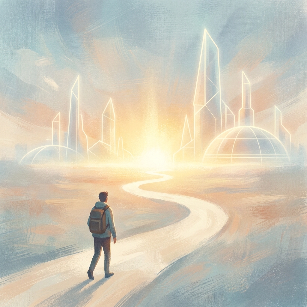A person walking towards a bright glowing horizon in a clean artistic rendering. The background shows subtle outlines of a futuristic city. Soft lighting and textured background. Artistic style. 1:1