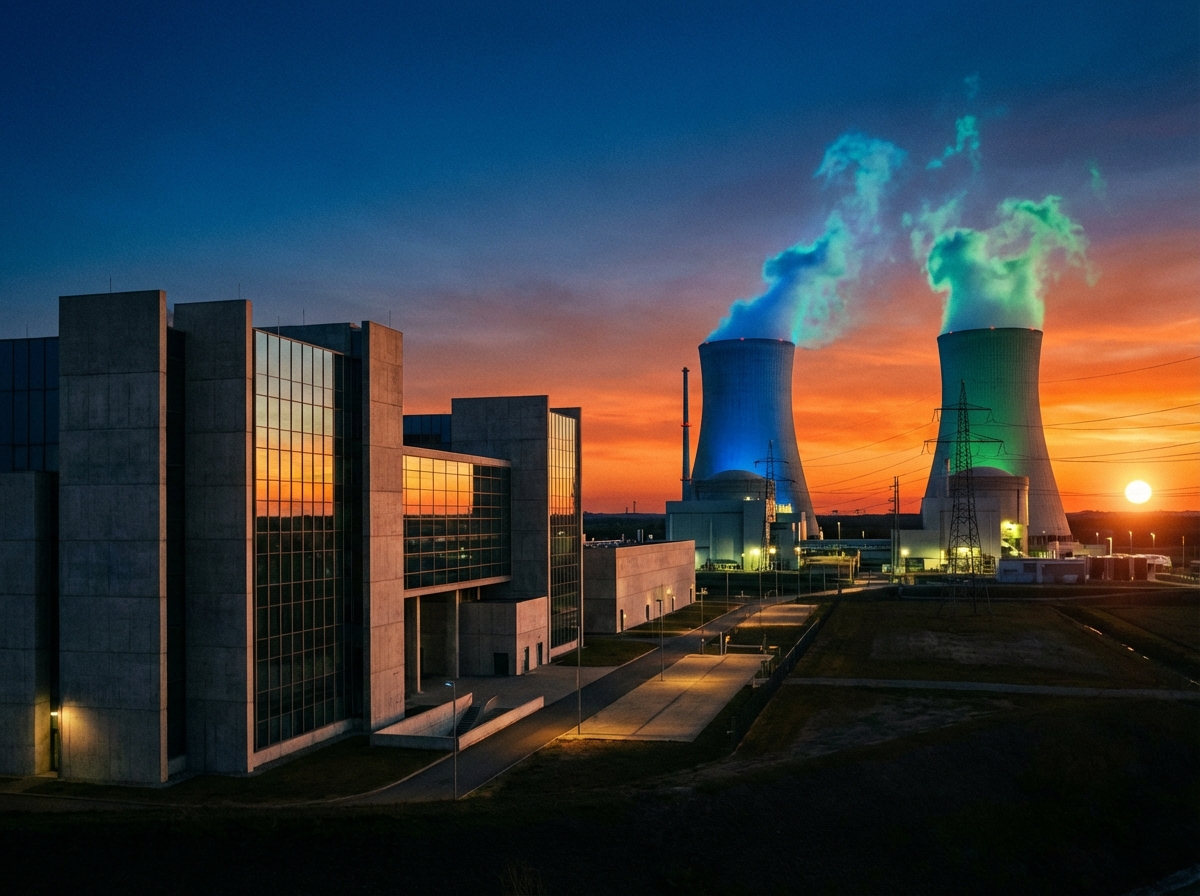 A majestic modern nuclear power plant at sunset, cinematic lighting, high contrast, clean architectural lines, glowing cooling towers, blue and orange sky, realistic photography style, 4:3
