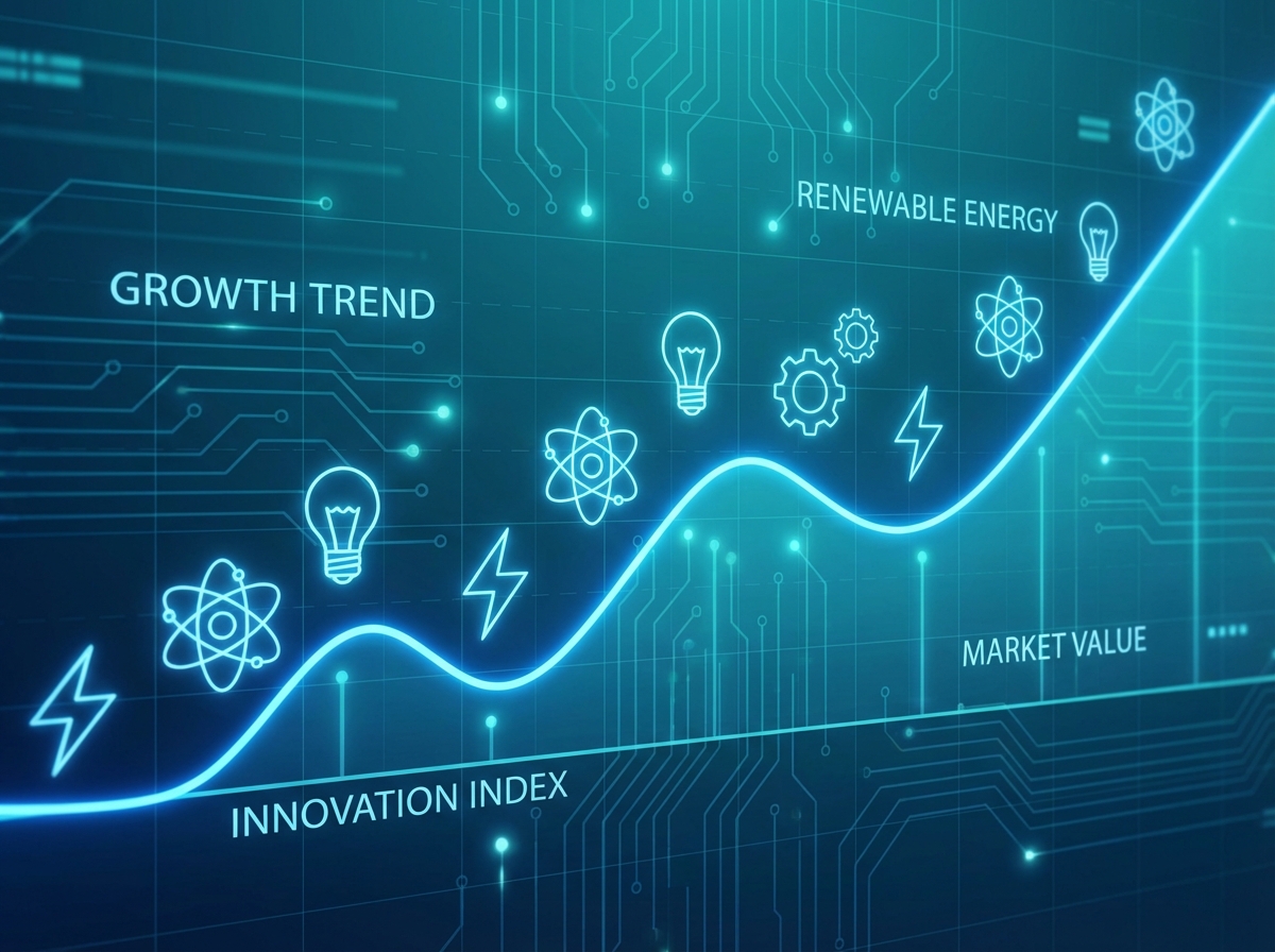 A professional stock market chart showing a clear upward trend, overlaid with glowing energy icons like atoms and light bulbs, clean financial infographic style, blue and teal color palette, high resolution, 4:3