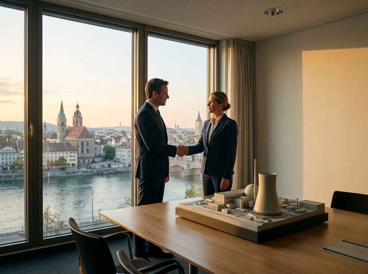 Two professional business partners shaking hands confidently in a modern office with a view of a European city skyline, a small model of a nuclear reactor on the table, warm natural lighting, professional photography, 4:3