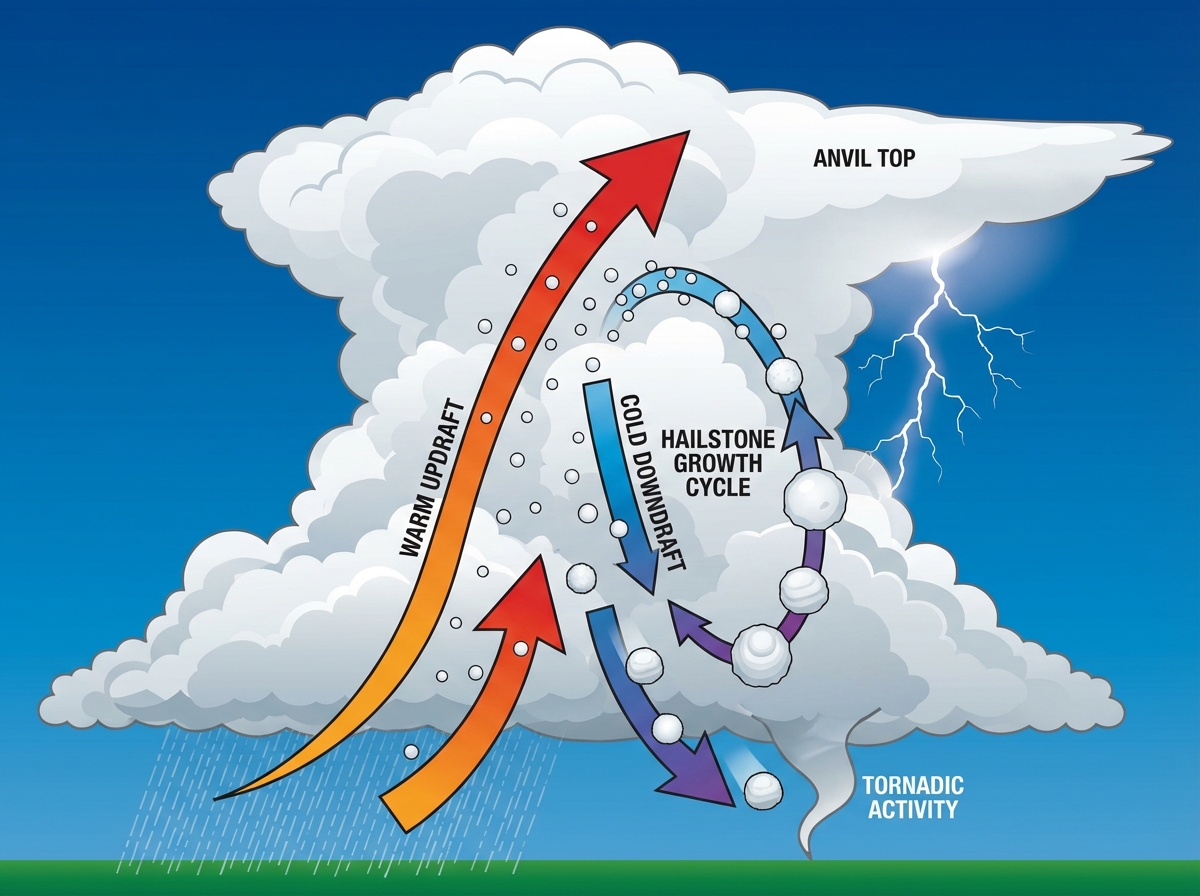 A detailed cross-section illustration of a massive cumulonimbus cloud showing updrafts and downdrafts. Small ice pellets are shown cycling up and down within the cloud, growing larger with each cycle. High contrast, clean educational infographic style, 4:3