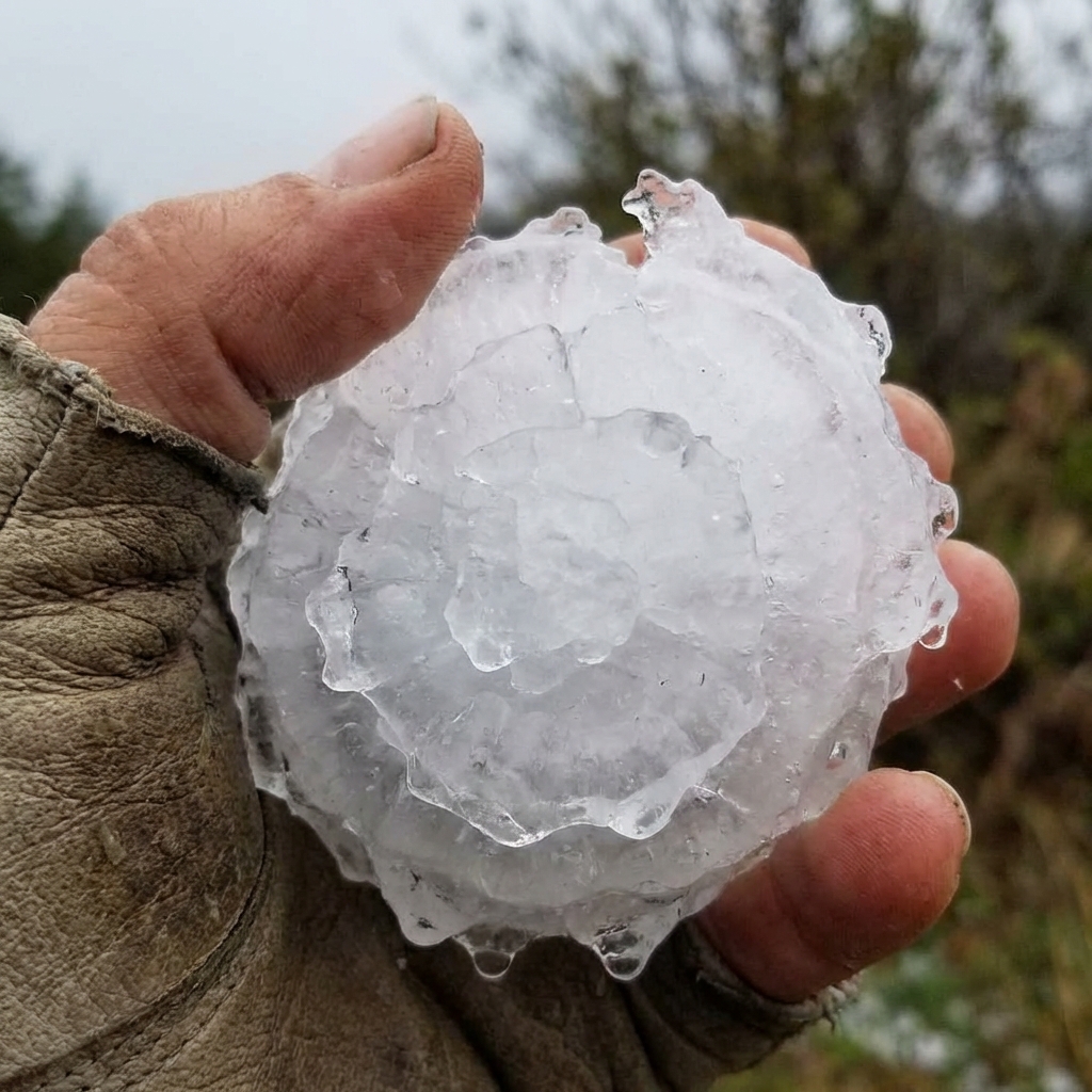 A realistic close-up photo of a hand holding a very large, jagged ice hailstone the size of a tennis ball. The texture is rough and layered. Soft natural outdoor lighting, 1:1