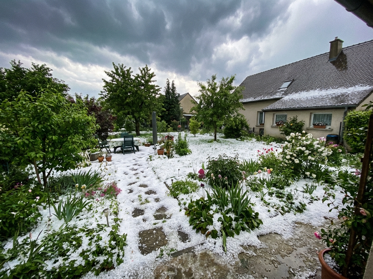 A wide-angle landscape photo of a residential garden covered in a thick layer of white hailstones, looking like snow in the middle of a green environment. Moody atmosphere after a storm, 4:3