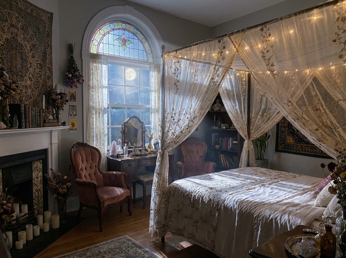 A mystical and romantic bedroom at night with soft moonlight streaming through a window, vintage aesthetic, ethereal atmosphere, 4:3