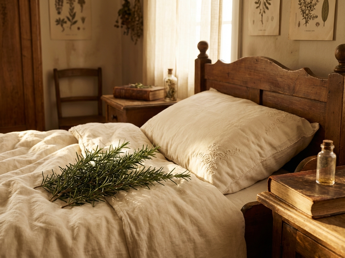 Fresh rosemary sprigs lying next to a soft pillow on a bed, warm lighting, vintage herbalism style, high quality photography, 4:3