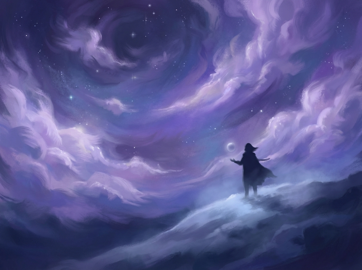 Ethereal and dreamy purple night sky with soft clouds, a mysterious silhouette of a person appearing in a dream, digital art, cinematic lighting, 4:3