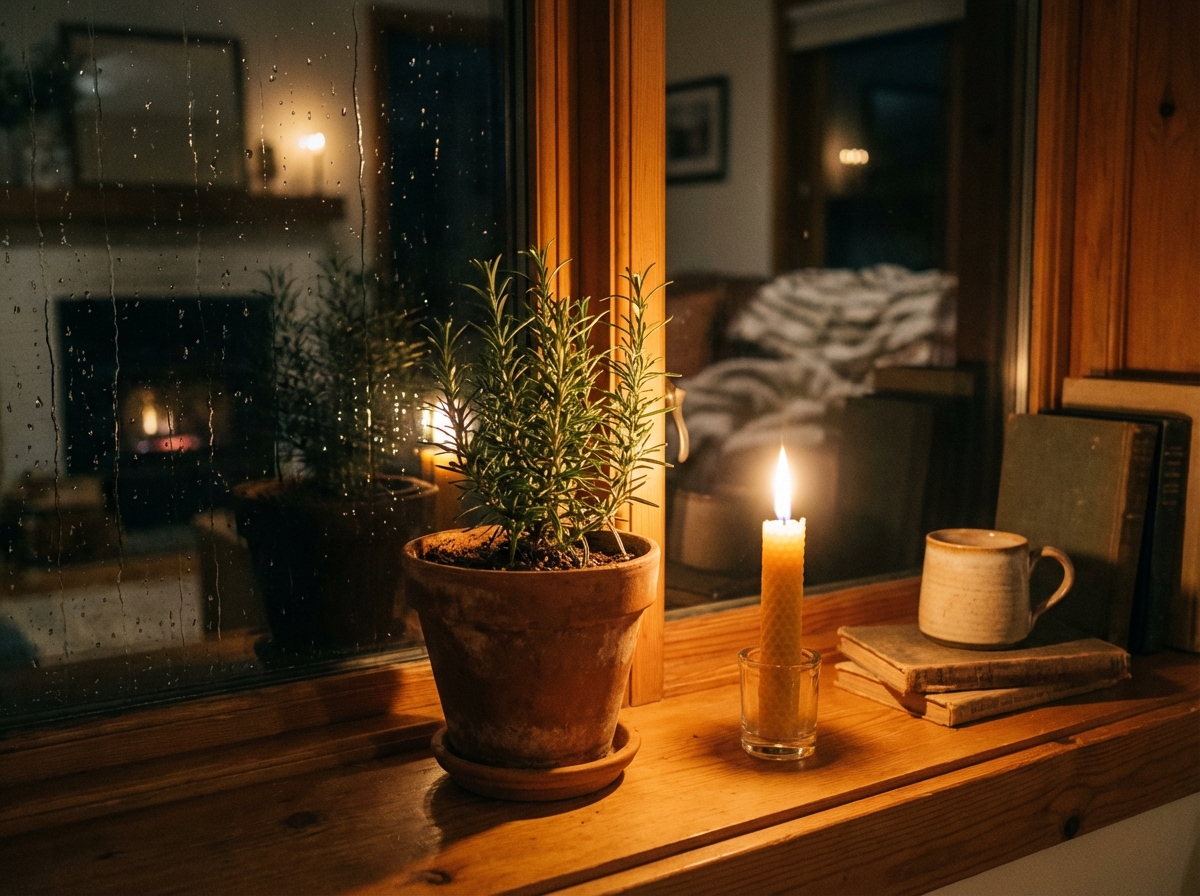 A small rosemary plant in a pot on a window sill at night, a single candle burning softly nearby, cozy and peaceful atmosphere, photography, 4:3