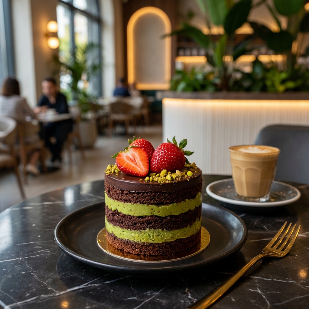 A luxurious mini chocolate cake topped with fresh red strawberries, featuring a layered texture of pistachio cream and dark chocolate, set on a modern cafe table with warm lighting. 1:1