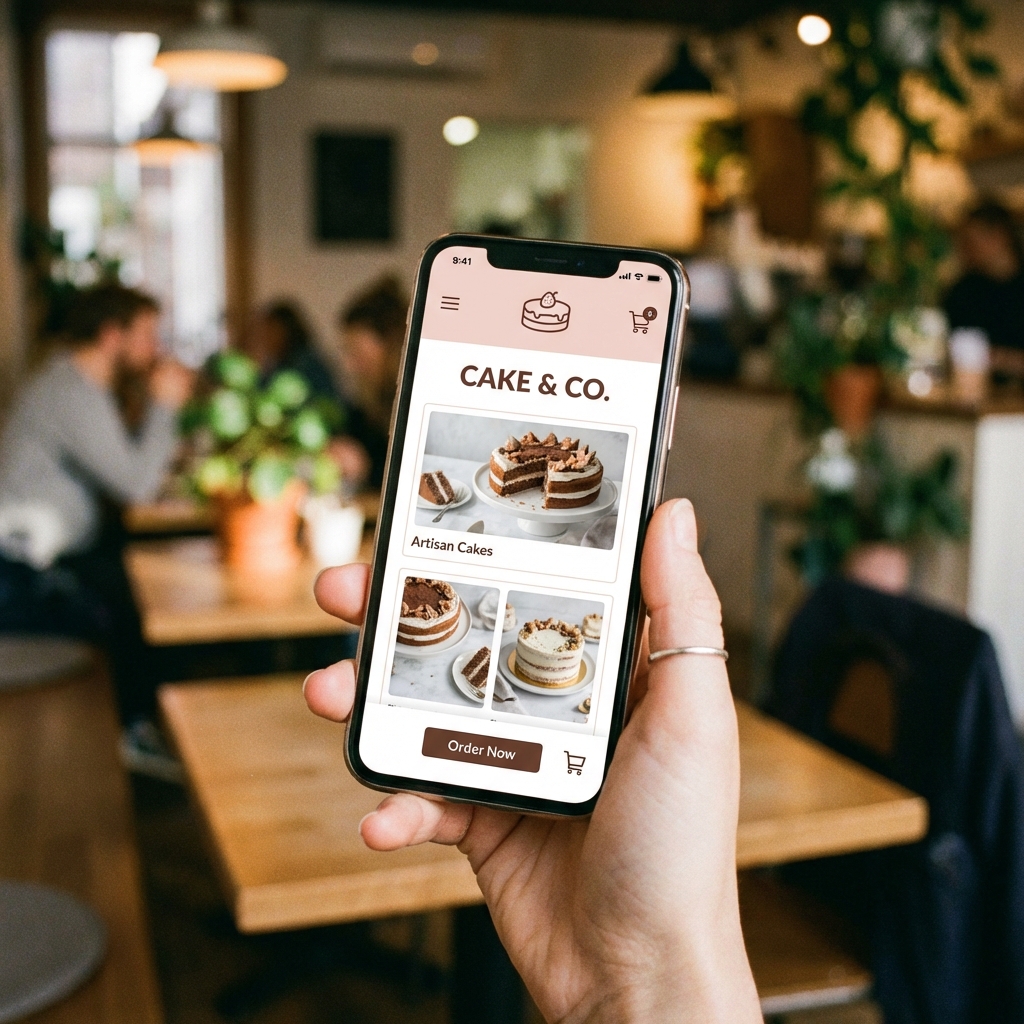 A person's hand holding a smartphone, displaying a cake ordering application screen, with a blurred cafe background. Modern and clean lifestyle photography. 1:1