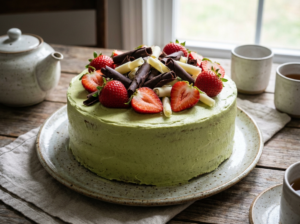 A beautiful whole matcha green tea cake decorated with fresh strawberries and chocolate curls, elegant presentation on a ceramic plate. 4:3