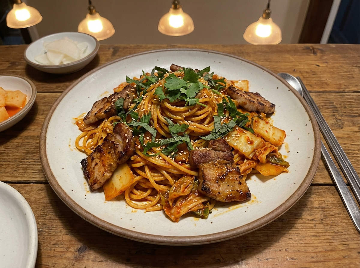 A delicious plate of Korean style fusion pasta featuring grilled pork jowl and stir-fried kimchi, garnished with fresh herbs, high angle view, warm indoor lighting, 4:3