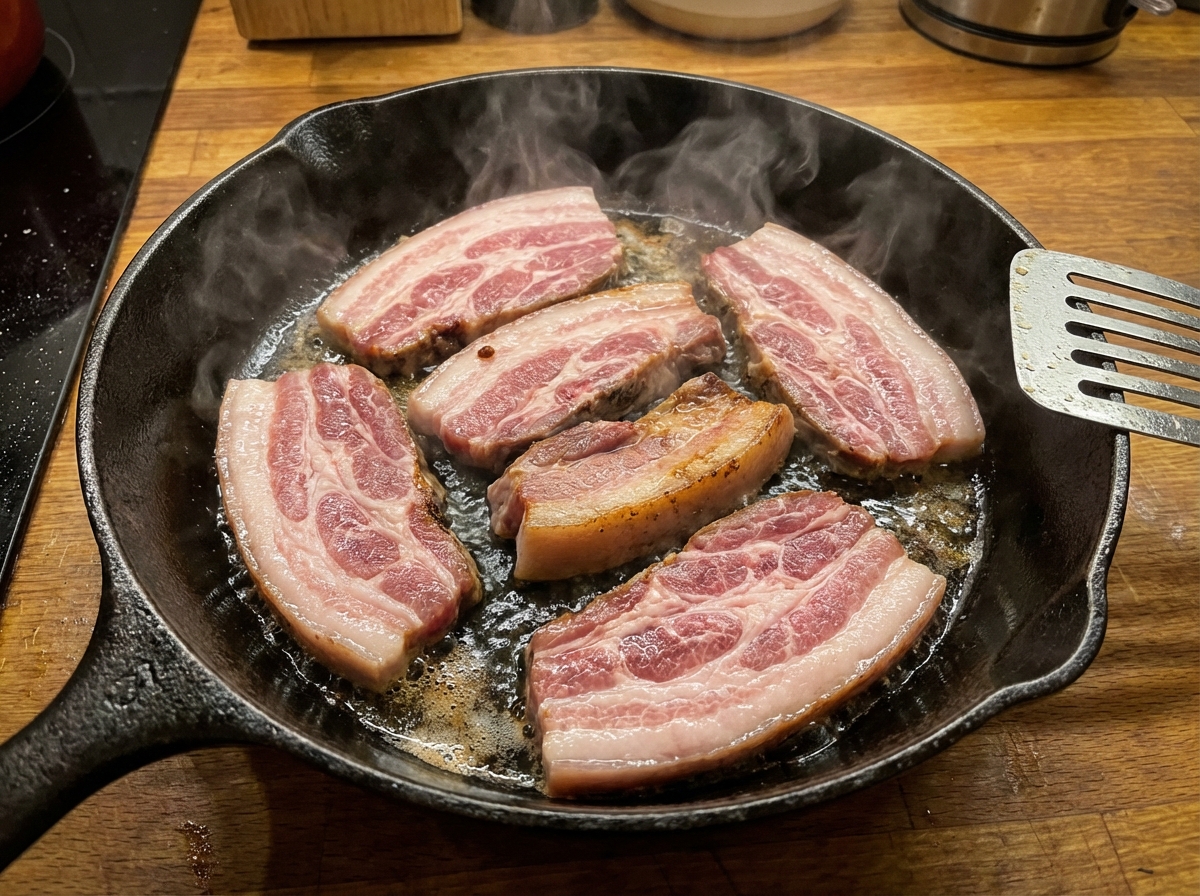 Sliced raw pork jowl being seared in a hot pan, glistening fat, steam rising, close up, realistic cooking photography, 4:3