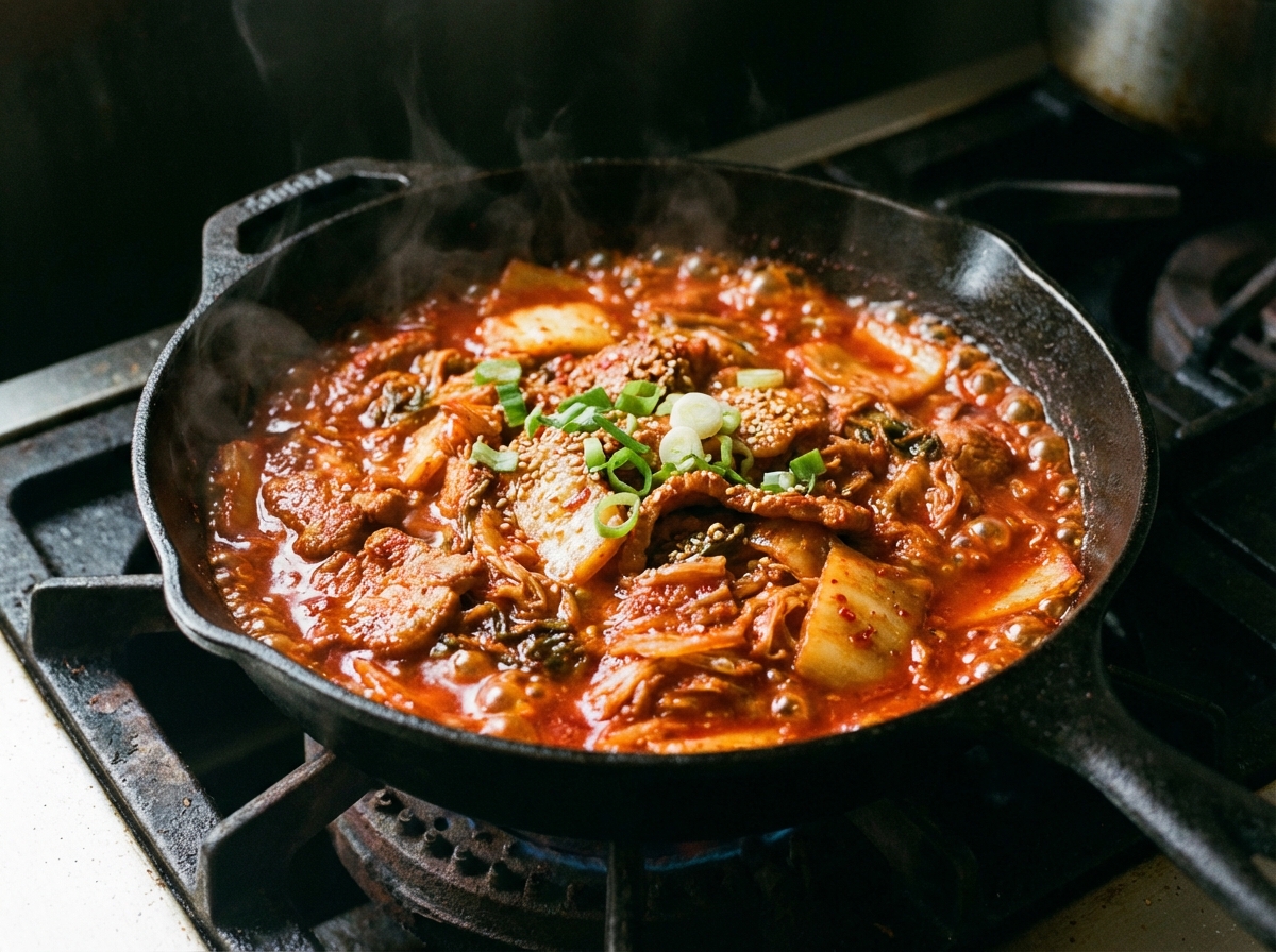 Stir-fried kimchi mixed with a bright red spicy sauce in a pan, bubbling texture, rich colors, culinary photography, 4:3