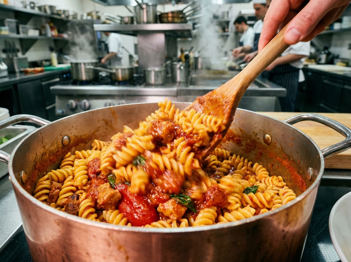 A wooden spoon mixing fusilli pasta with spicy red sauce and pork, motion blur, vibrant food styling, professional kitchen background, 4:3