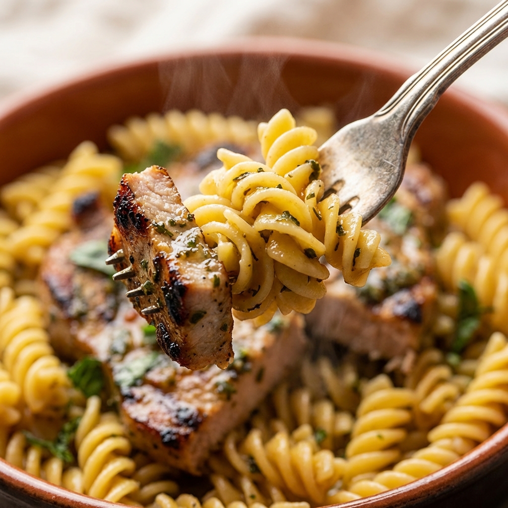 A fork lifting a spiral pasta and a piece of grilled pork with sauce, steam, depth of field, appetizing presentation, 1:1