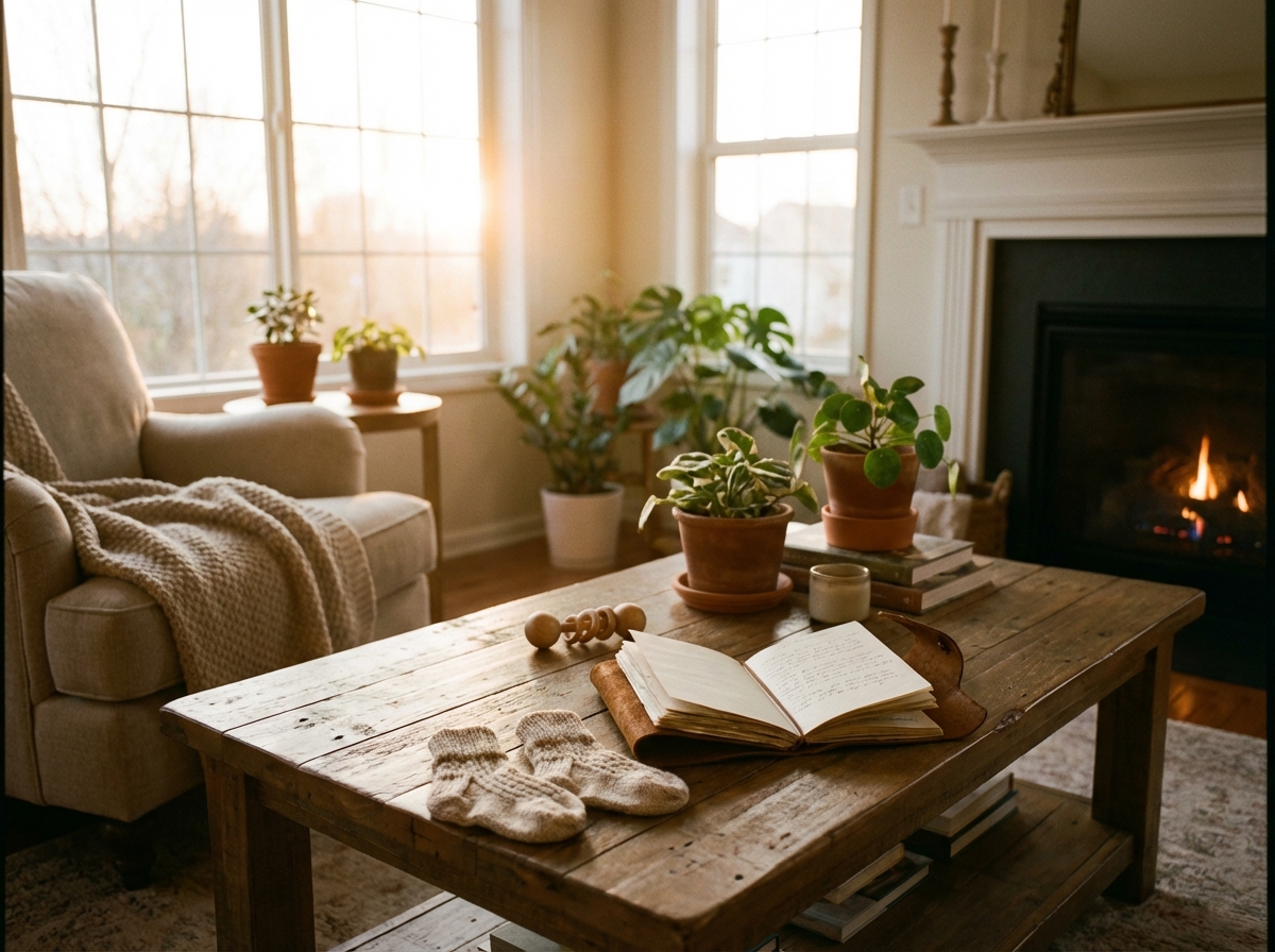 A warm and cozy living room interior with soft sunlight streaming through the window. On a wooden table, there are baby-related items like tiny socks and a diary, suggesting a gentle atmosphere of recovery and hope. No text. 4:3