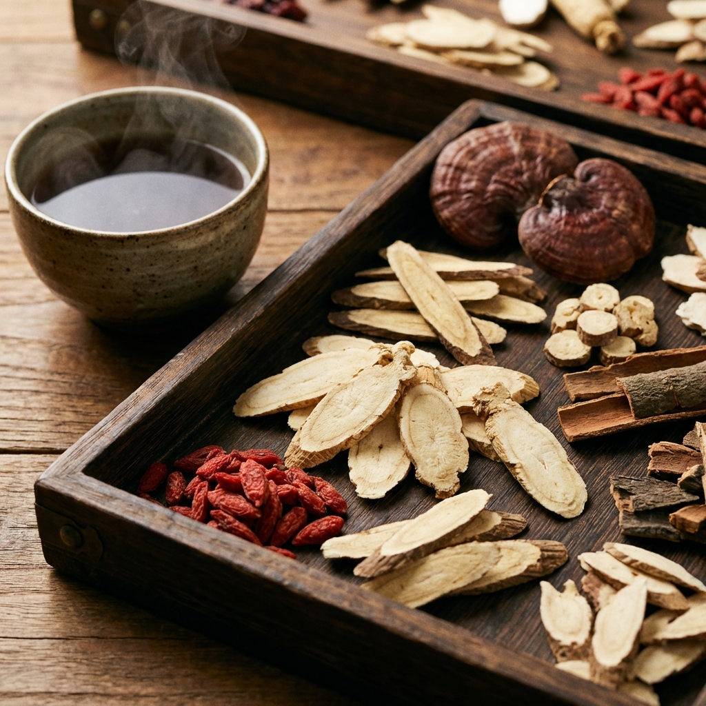 High-quality close-up of traditional Korean herbal medicine ingredients like dried roots and herbs arranged neatly on a dark wooden tray. Beside them, a steaming cup of tea in a ceramic bowl creates a healing and medicinal feeling. Rich textures, no text. 1:1