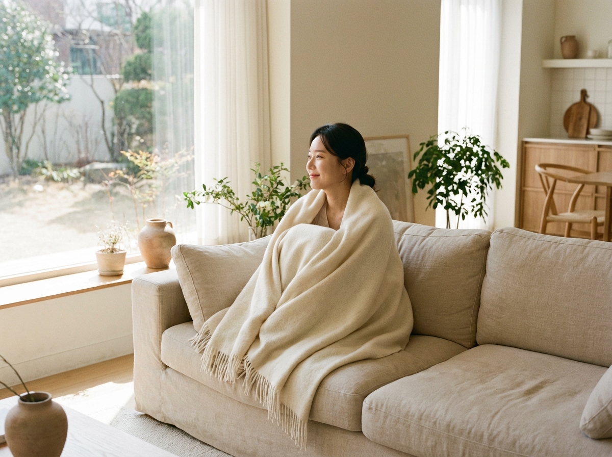 A Korean woman sitting comfortably on a soft sofa, wrapped in a light blanket, looking out a sunlit window with a peaceful and calm expression. The interior is modern and minimalist with soft beige tones. Natural lifestyle photography. 4:3